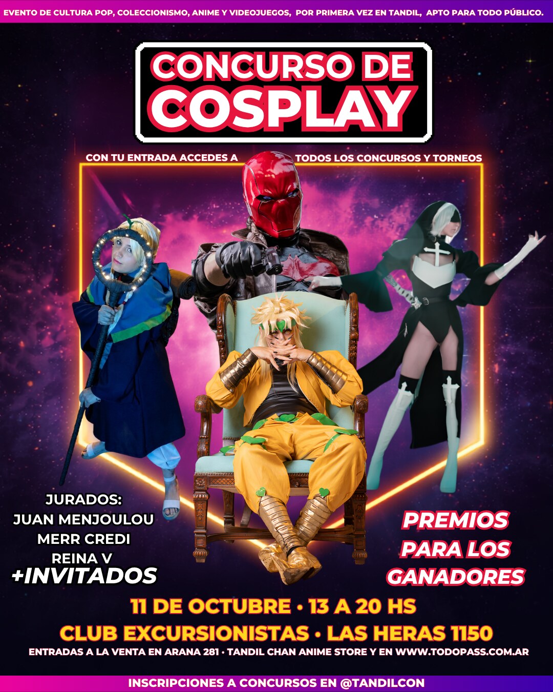 Afiche del Concurso de Cosplay de Tandil Con, jurados Juan Menjoulou, Merr Credi y Reina V, premios para los ganadores