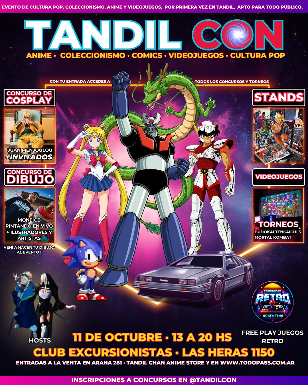Afiche oficial de Tandil Con, convención de anime, coleccionismo, comics y videojuegos en Tandil, 11 de octubre en el Club Excursionistas